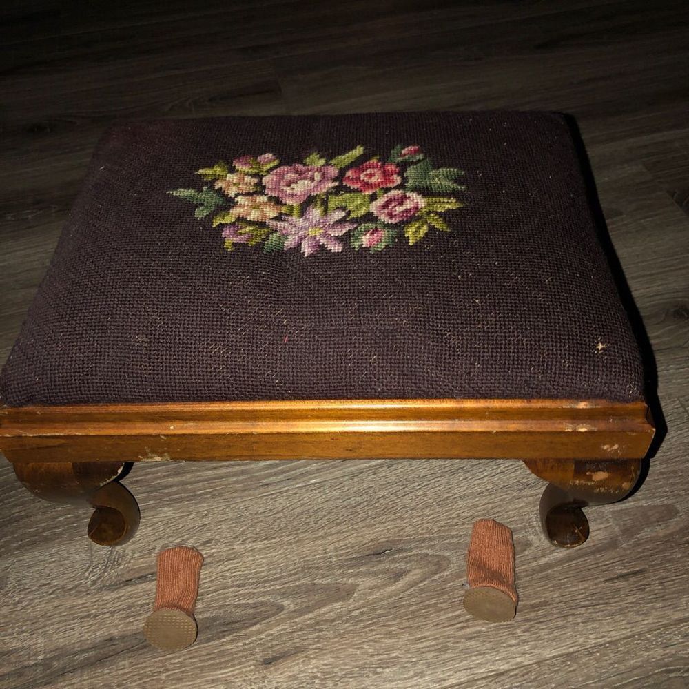 Victoria tapestry foot stool ottoman wood frame 16”x13”x9”